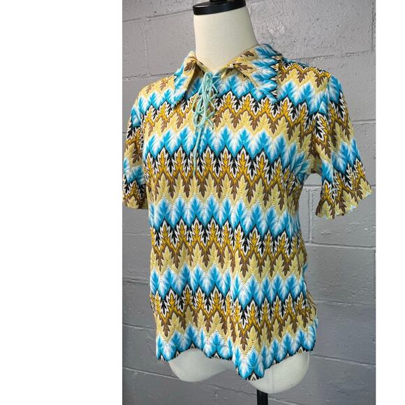 Vintage 60s Psychedelic Chevron Novelty Knit Short Sleeve Shirt Lace Up Med - Picture 8 of 10